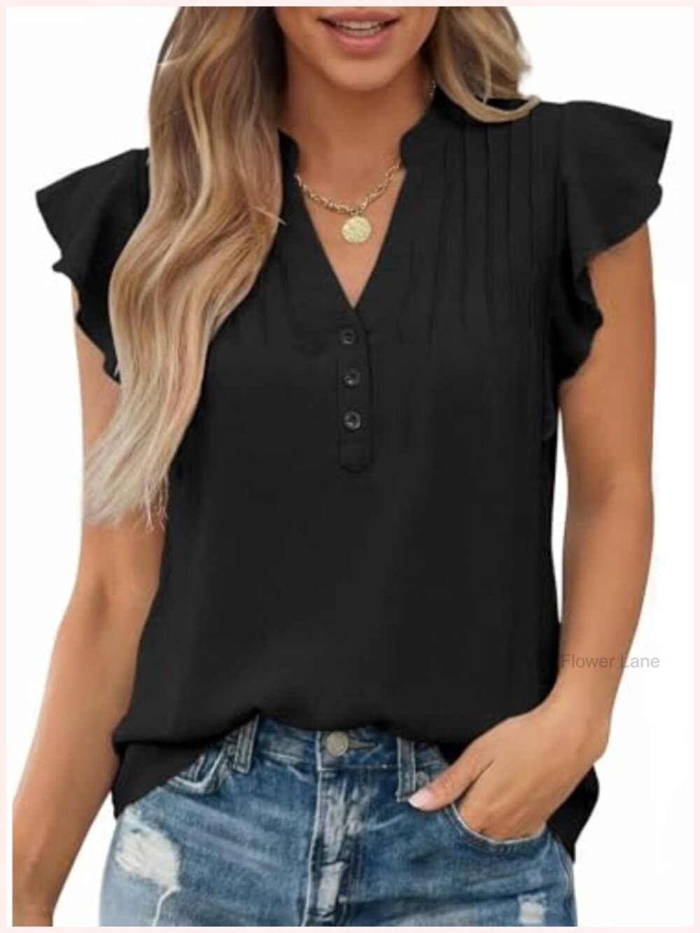 Womens Ruffle Cap Sleeve Henley Blouse Pintuck Pleated Tunic Top